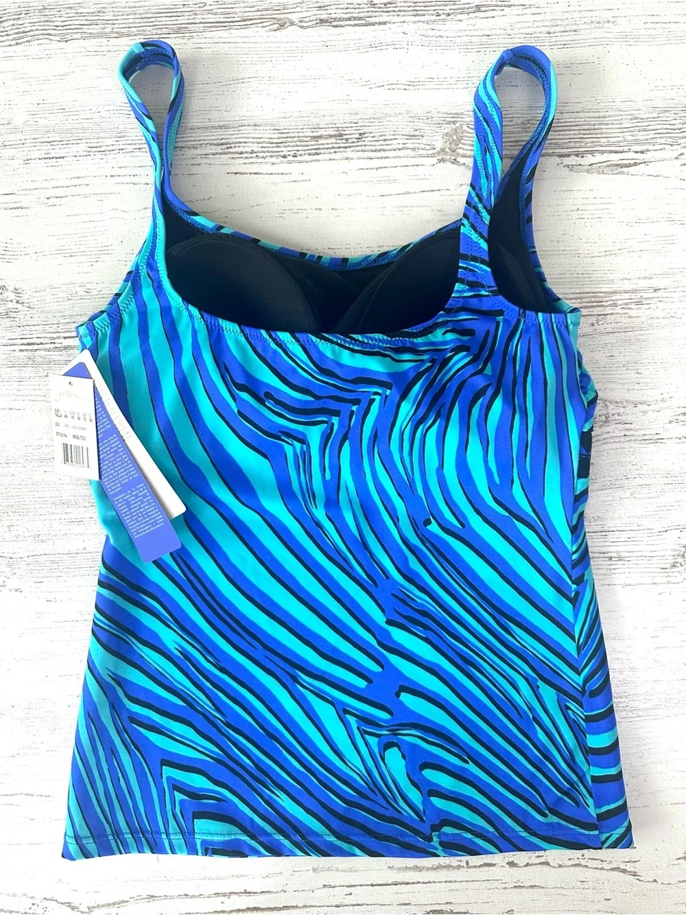 NWT GOTTEX Essential Zebra Print Wireless Tankini Top 10 Blue Black